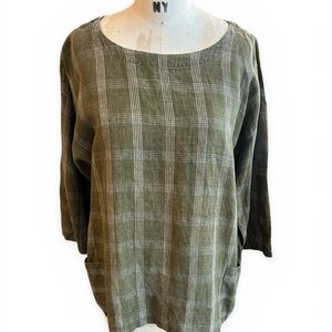 Eileen Fisher Women’s M Olive Plaid Linen Blend Tunic Top Chic Layers